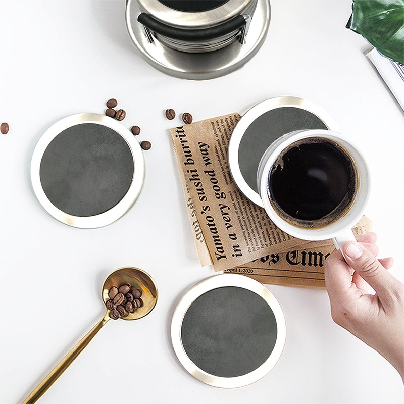 Non-Slip Leather Coasters Set Of 6 With Metal Holder Drinks Cup Mat Pad Round