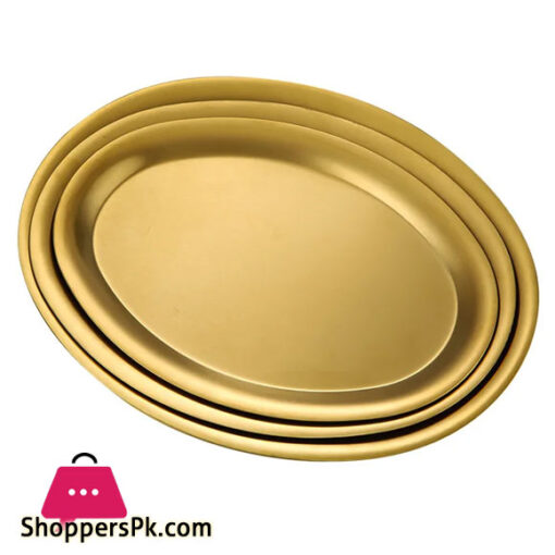 Stainless Fish Dish Korean Style Dan Shaped BBQ Dish Golden Oval Tray Flat Snack Dish 17 x 27 CM