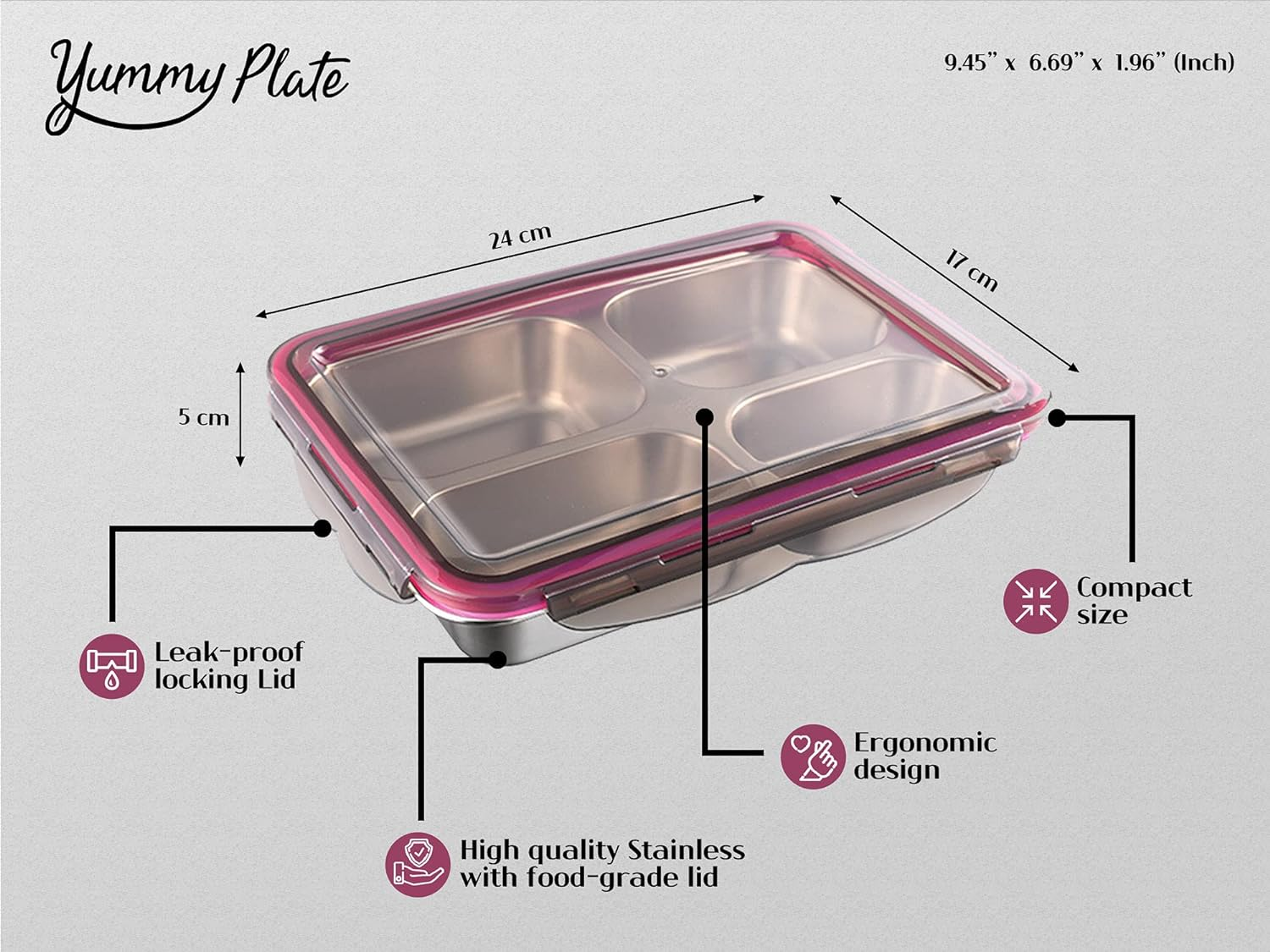 Stainless Steel Divided Lunch Box With Locking Lid Leakproof 4-Compartment