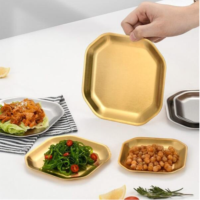 Golden Stainless Octagon Bbq Serving Platter Dinner And Breakfast Plate Tableware 15 Cm