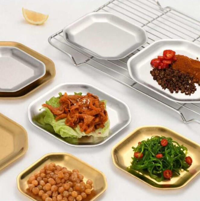 Golden Stainless Octagon Bbq Serving Platter Dinner And Breakfast Plate Tableware 15 Cm