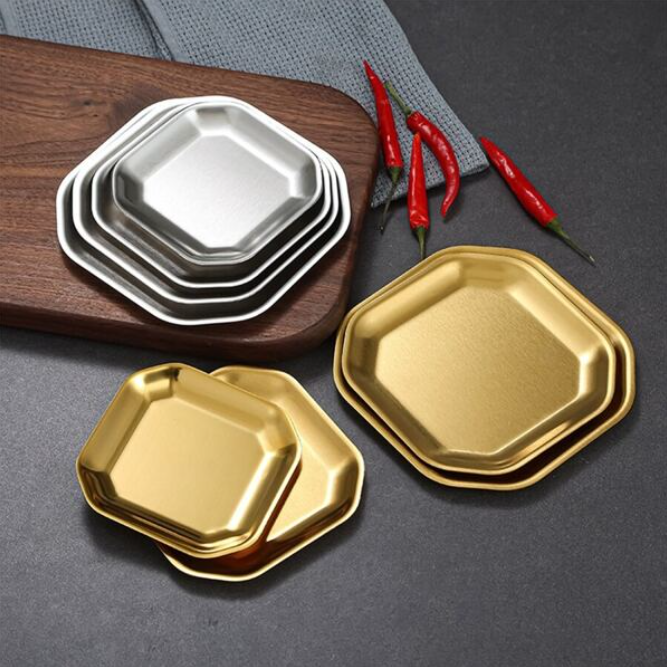Golden Stainless Octagon Bbq Serving Platter Dinner And Breakfast Plate Tableware 15 Cm