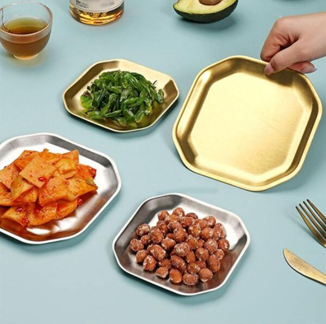 Golden Stainless Octagon Bbq Serving Platter Dinner And Breakfast Plate Tableware 15 Cm