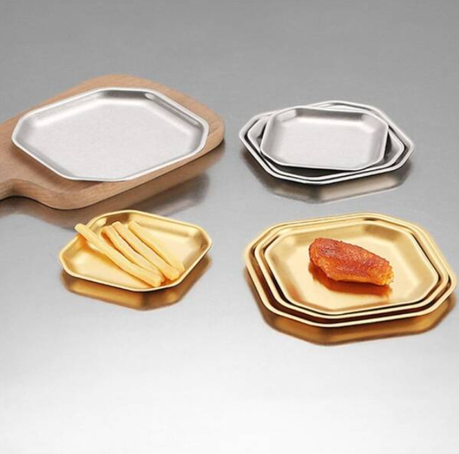 Golden Stainless Octagon Bbq Serving Platter Dinner And Breakfast Plate Tableware 15 Cm