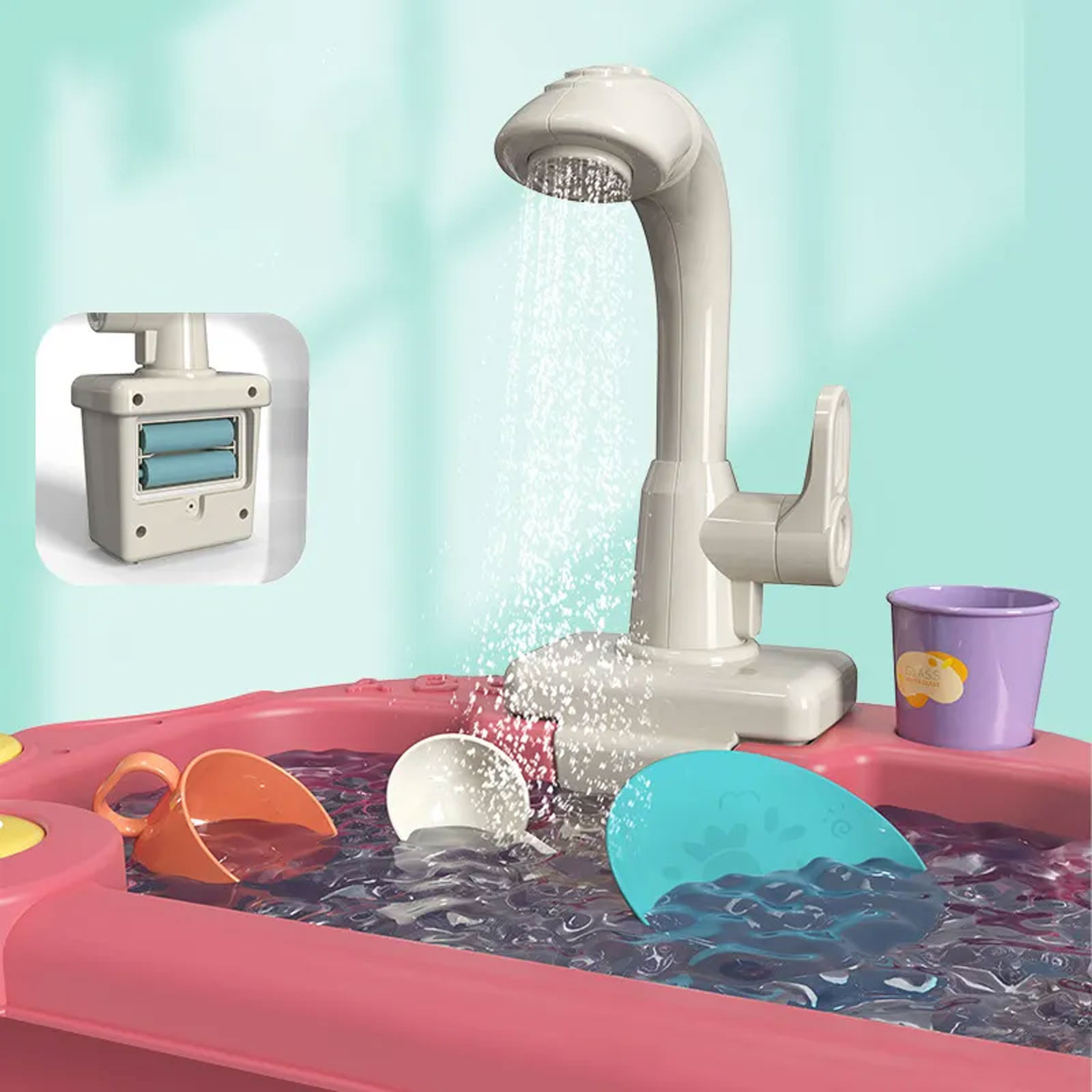 Kitchen Sink Toy Running Water Working Faucet Play Set Kitchen Wash Basin 19 Pcs