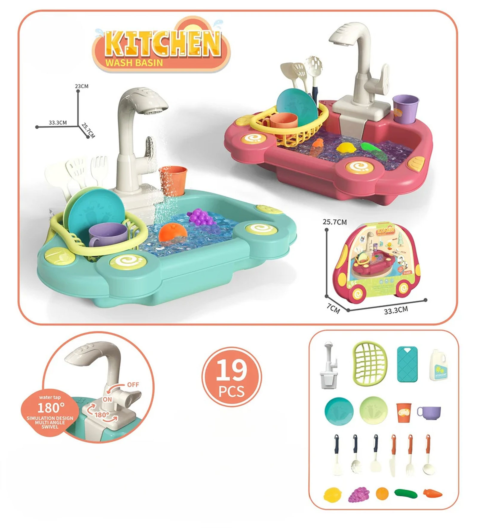 Kitchen Sink Toy Running Water Working Faucet Play Set Kitchen Wash Basin 19 Pcs