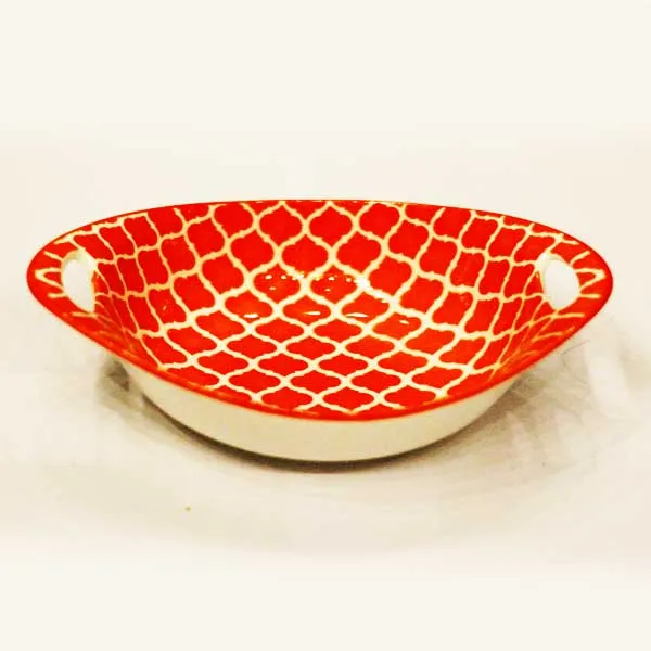 Ceramic Plate Printed Oval Double Ear Baking Tray Breakfast Salad Tray 9.5 Inch