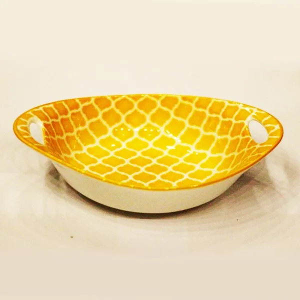 Ceramic Plate Printed Oval Double Ear Baking Tray Breakfast Salad Tray 9.5 Inch