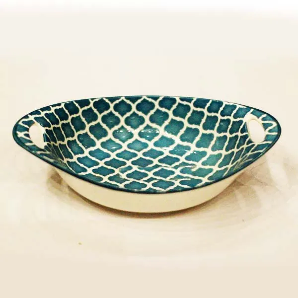 Ceramic Plate Printed Oval Double Ear Baking Tray Breakfast Salad Tray 9.5 Inch