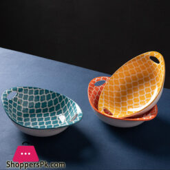 Ceramic Plate Printed Oval Double Ear Baking Tray Breakfast Salad Tray 9.5 Inch