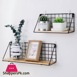 Metal Wire Wood Wall Shelf Kitchen Bathroom Storage Shelf Black