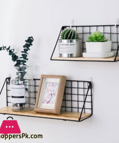 Metal Wire Wood Wall Shelf Kitchen Bathroom Storage Shelf Black