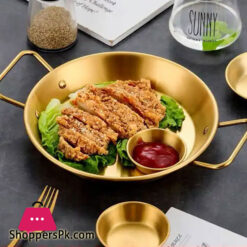 Stainless Steel Golden Serving Tray Round Spanish Seafood Cooking Pan With Two Handles Wok - 30Cm