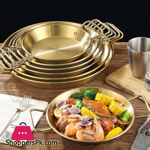 Stainless Steel Golden Serving Tray Round Spanish Seafood Cooking Pan with Two Handles Wok - 26cm