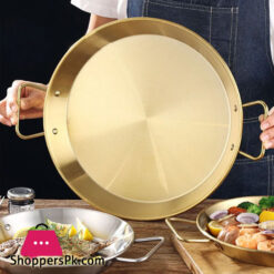 Stainless Steel Golden Serving Tray Round Spanish Seafood Cooking Pan With Two Handles Wok - 30Cm