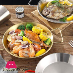 Stainless Steel Golden Serving Tray Round Spanish Seafood Cooking Pan With Two Handles Wok - 30Cm
