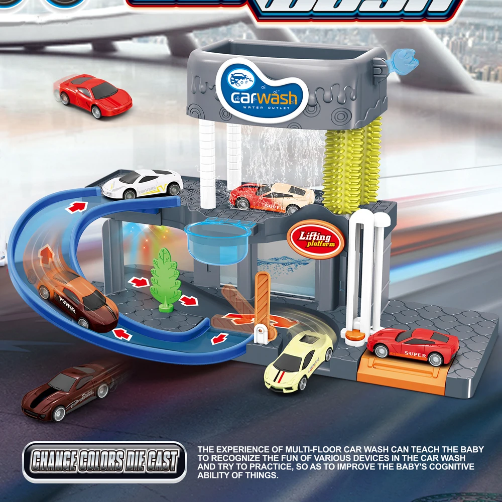 Washing Station Game Set Parking Slot Toy With Lights And Music Battery Powered Color Changing Die Cast Car