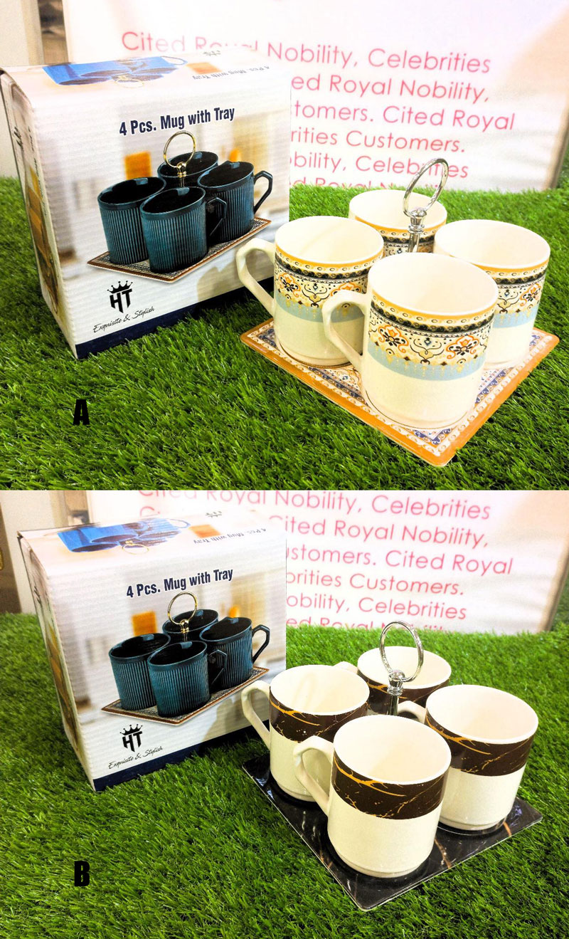 4 Pcs Ceramic Mug Set With Tray