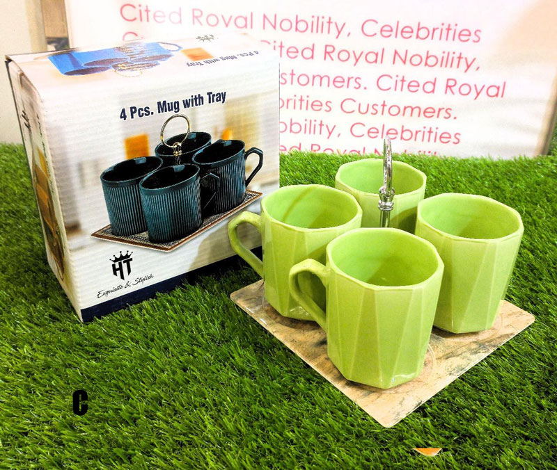 4 Pcs Ceramic Mug Set With Tray