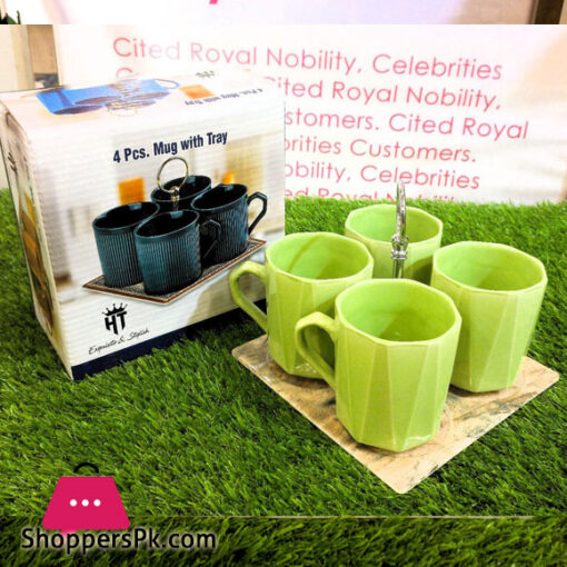 4 Pcs Ceramic Mug Set with Tray