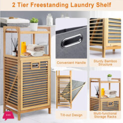 Bamboo 2-Tier Storage Rack Laundry Bsket Dirty Clothes Basket For Living Room Bedroom
