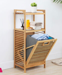 Bamboo 2-Tier Storage Rack Laundry Bsket Dirty Clothes Basket for Living Room Bedroom