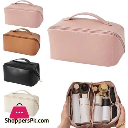 Multifunctional Portable Large Capacity Travel Cosmetic Bag with Handle Makeup Organizer Bag Storage Makeup Bag Waterproof PU Leather Travel Toiletry Bag for Women