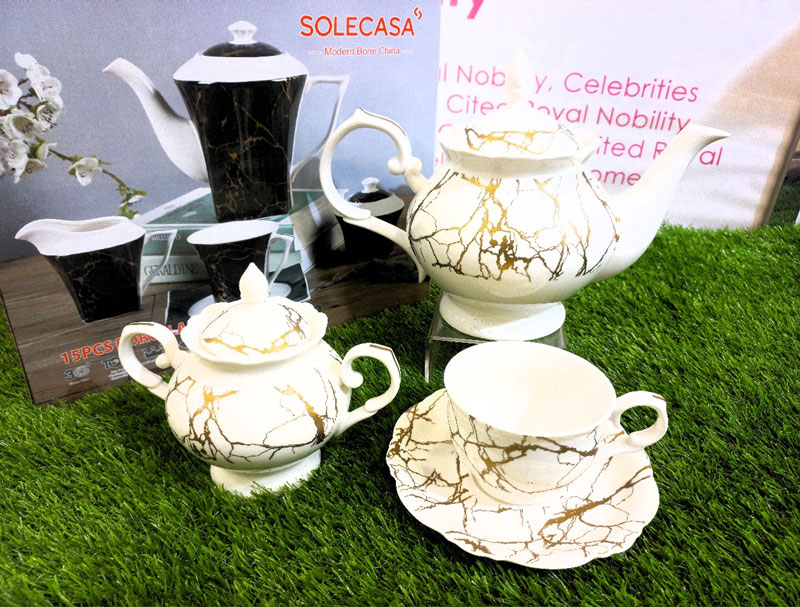 Solecasa White Marble Pattern Vintage Tea Set