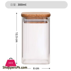 Square Wooden Lid Glass Storage Jar Candy Snacks Coffee Beans Sealed Storage Jar - 300Ml