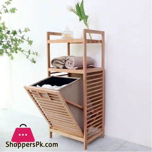 Bamboo 3-Tier Storage Rack Laundry Bsket Dirty Clothes Basket for Living Room Bedroom