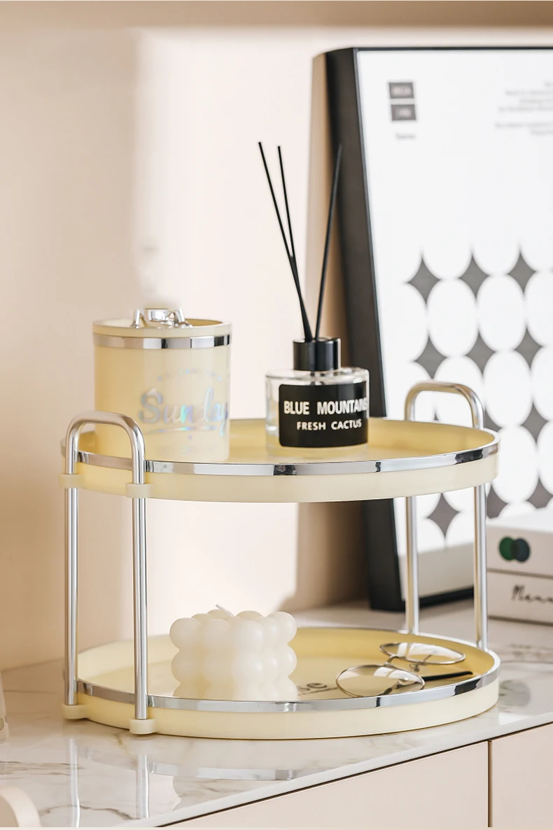 Beige Luxury Style Storage Tray Dinner Plates Dessert Tray With Handle - 2 Layer