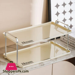 Beige Rectangular Luxury Style Storage Tray Dinner Plates Dessert Tray With Handle  - 2 Layer
