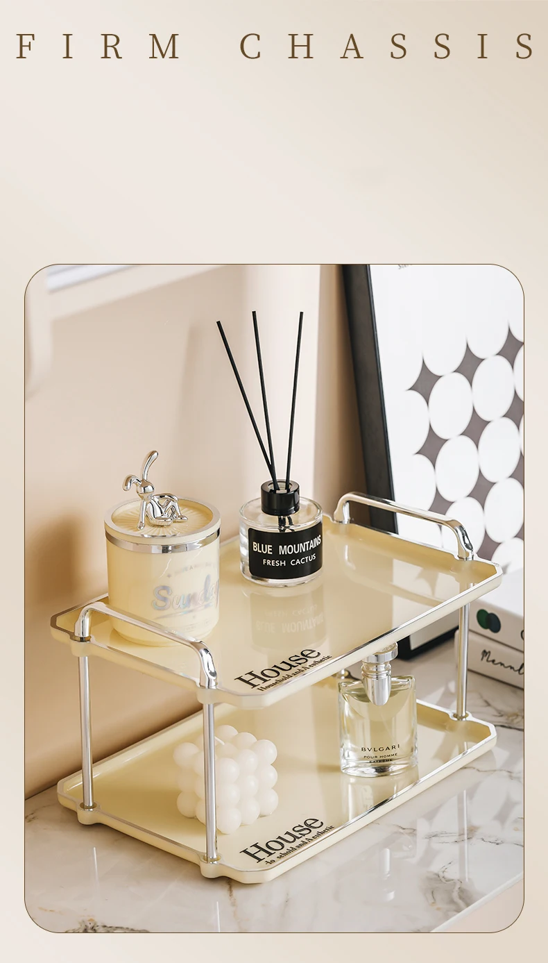 Beige Rectangular Luxury Style Storage Tray Dinner Plates Dessert Tray With Handle - 2 Layer