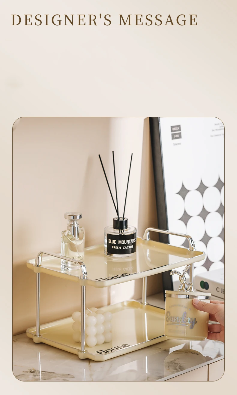 Beige Rectangular Luxury Style Storage Tray Dinner Plates Dessert Tray With Handle - 2 Layer