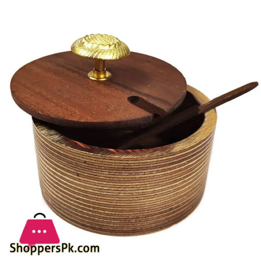 Elegant Wooden Sugar Pot Round With Spoon – Brown