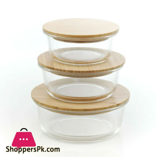 Glass Bowl Three Round Shape High Borosilicate Glass Storage Box with Bamboo Lid – BG45034