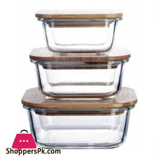 Glass Bowl Three Square Shape High Borosilicate Glass Storage Box with Bamboo Lid - BG45033