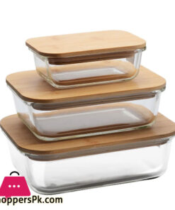 Glass Bowl Three Rectangular Shape High Borosilicate Glass Storage Box with Bamboo Lid – BG45035