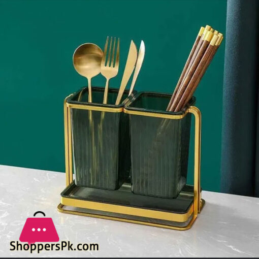 Stainless Steel ABS plastic Green + Gold Spoon and Fork Cutlery Holder 20.5x11x17 cm