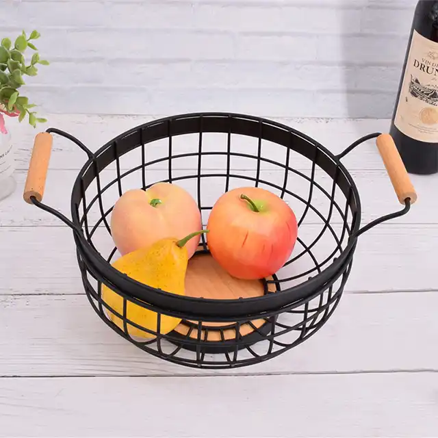 Kitchen Desktop Hanging Wire Fruit Storage Basket With Wooden Handle