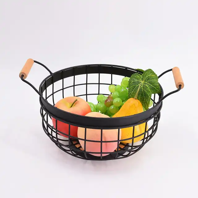 Kitchen Desktop Hanging Wire Fruit Storage Basket With Wooden Handle