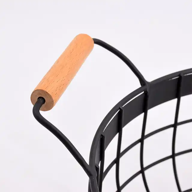 Kitchen Desktop Hanging Wire Fruit Storage Basket With Wooden Handle