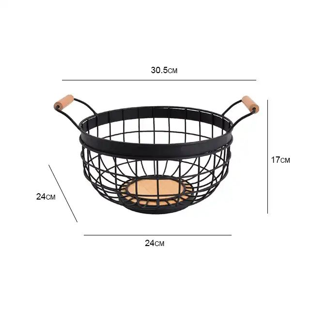 Kitchen Desktop Hanging Wire Fruit Storage Basket With Wooden Handle