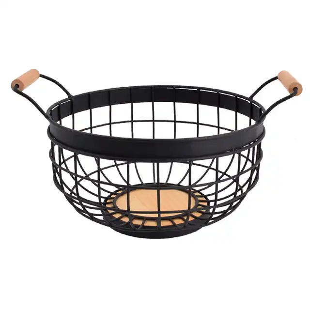 Kitchen Desktop Hanging Wire Fruit Storage Basket With Wooden Handle