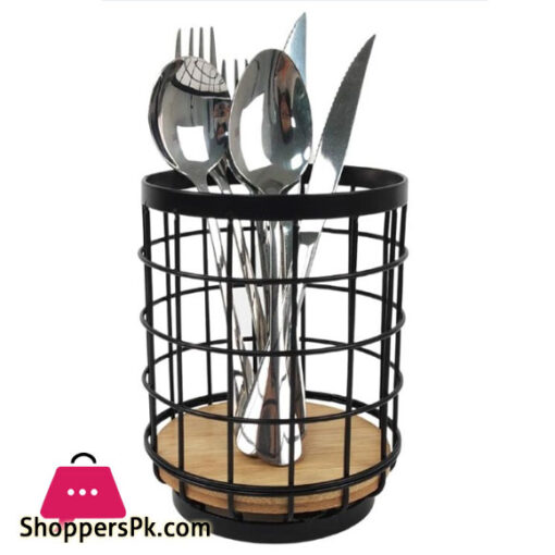 Kitchen Storage Organizer Metal Cutlery Caddy Drying Rack Black Bamboo Base Wire Tableware Chopstick Spoon Utensils Holder YM16615