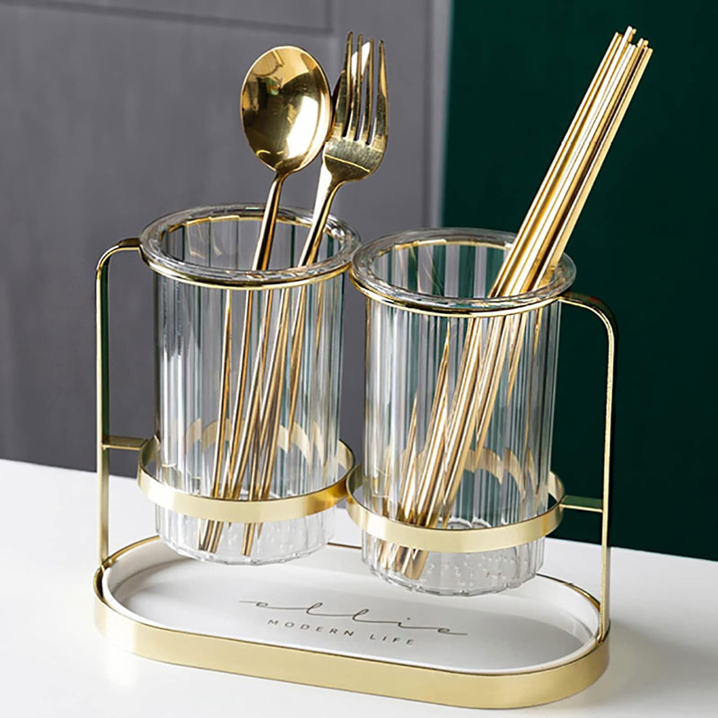 Kitchen Utensil Caddy Plastic Draining Chopstick Spoon Cage Silverware Caddy For Party Utensil Holder Countertop Gold &Amp; White