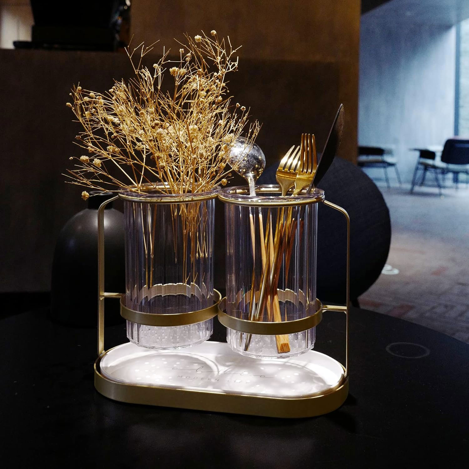 Kitchen Utensil Caddy Plastic Draining Chopstick Spoon Cage Silverware Caddy For Party Utensil Holder Countertop Gold &Amp; White