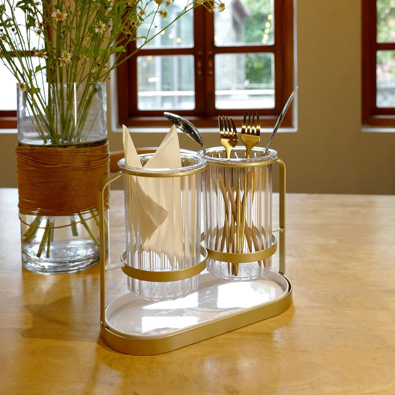 Kitchen Utensil Caddy Plastic Draining Chopstick Spoon Cage Silverware Caddy For Party Utensil Holder Countertop Gold &Amp; White