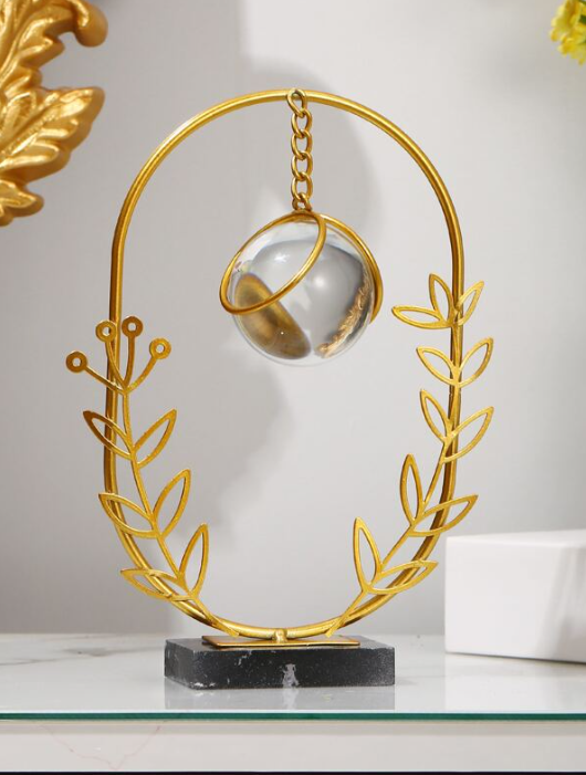 Leaf Metal Ornament With Crystal Ball Oval Design For Table Decor 1-Pc