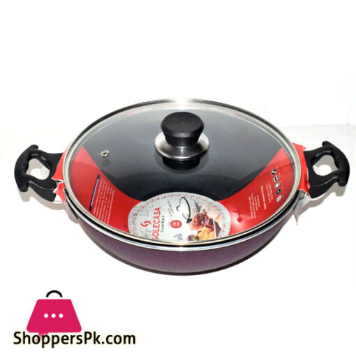 Solecasa Non Stick Wok Karahi Stir Pan with A Glass Lid and Double Handle 26CM